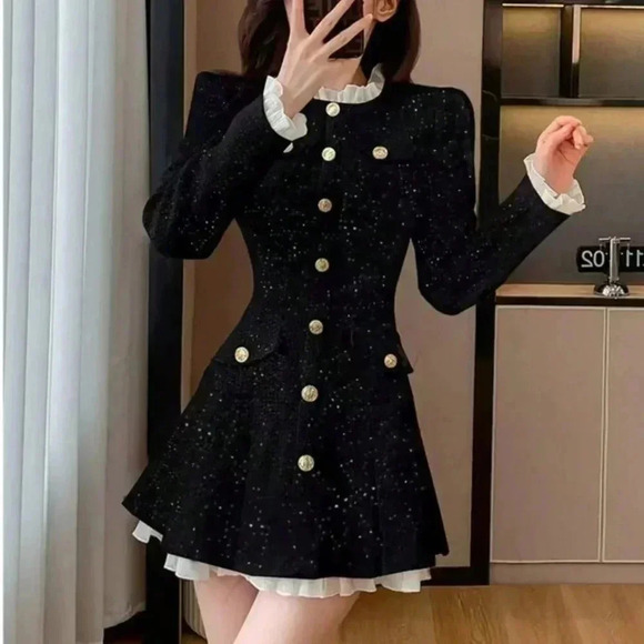 Black Elegant Women's Sequin Tweed Spliced Pleated Single Breasted Mini Dress - Picture 1 of 5